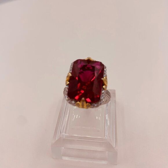 Ring, new, no tags, lab created emerald cut ruby solid 925 silver real gold - Picture 9 of 17